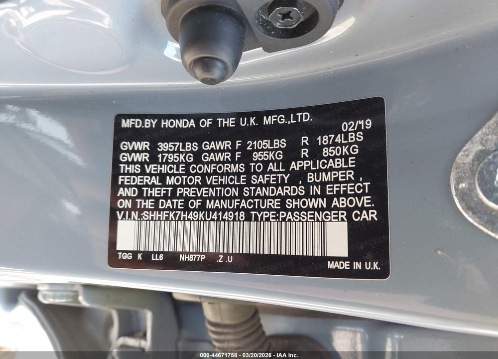 2019 HONDA CIVIC SPORT VIN: SHHFK7H49KU414918