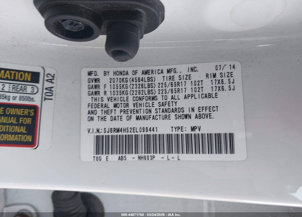 2014 HONDA CR-V EX VIN: 5J6RM4H52EL099441