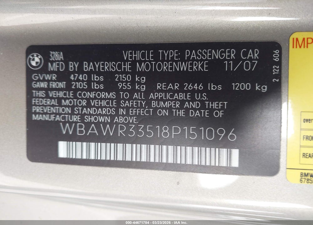 2008 BMW 328I VIN: WBAWR33518P151096