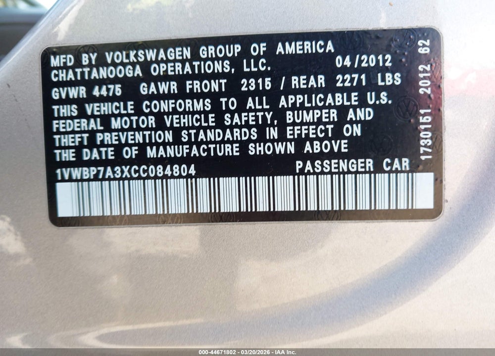 2012 VOLKSWAGEN PASSAT 2.5L SE VIN: 1VWBP7A3XCC084804