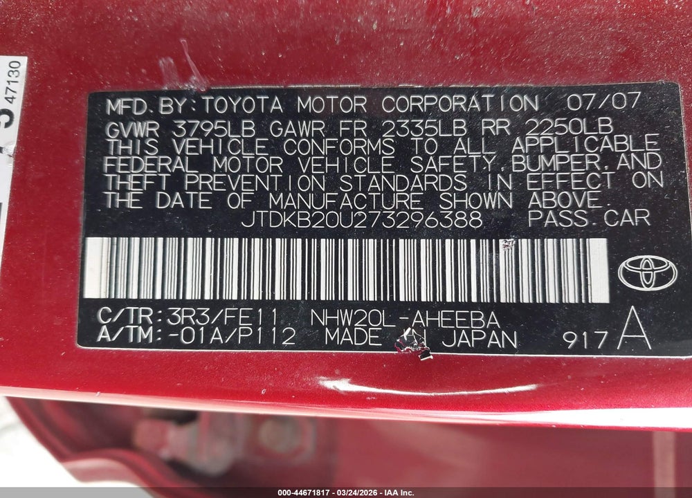 2007 TOYOTA PRIUS VIN: JTDKB20U273296388