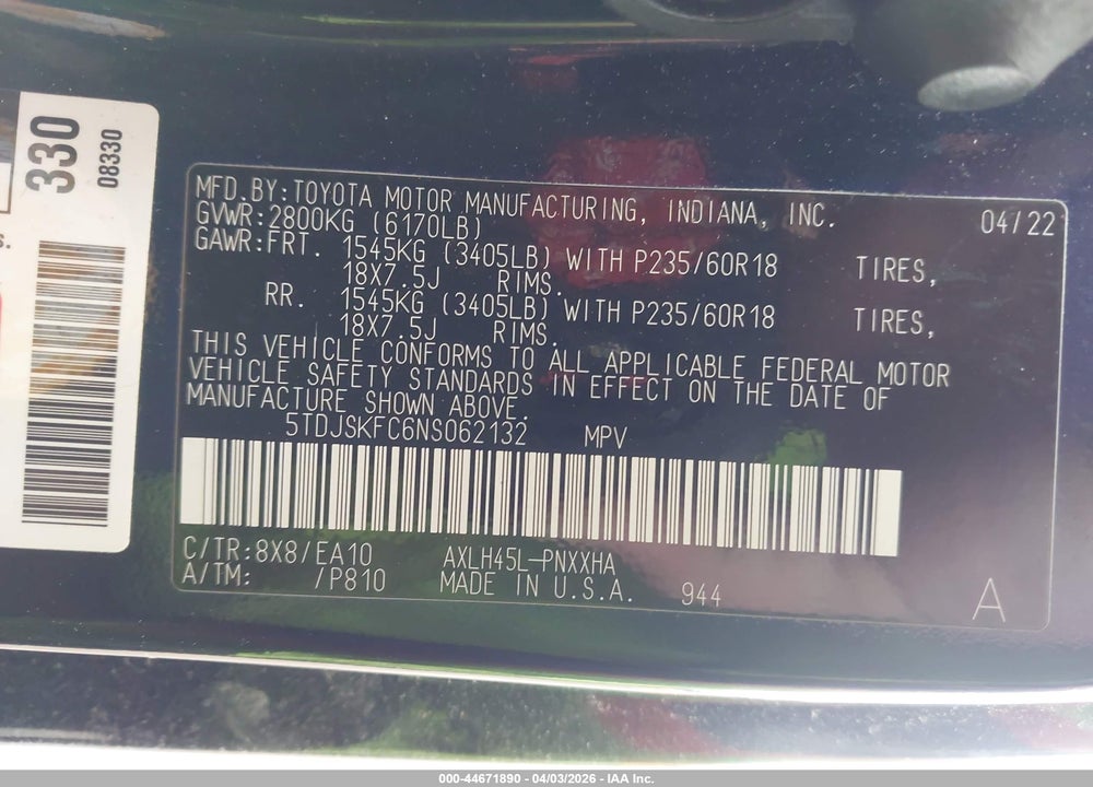 2022 TOYOTA SIENNA XLE VIN: 5TDJSKFC6NS062132