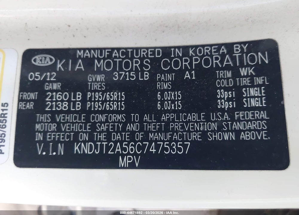 2012 KIA SOUL VIN: KNDJT2A56C7475357