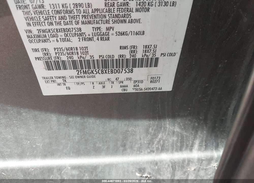 2014 FORD FLEX SEL VIN: 2FMGK5C8XEBD07538
