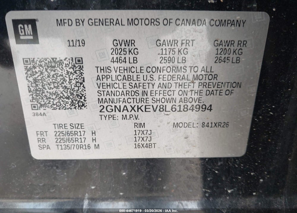 2020 CHEVROLET EQUINOX FWD LT 1.5L TURBO VIN: 2GNAXKEV8L6184994