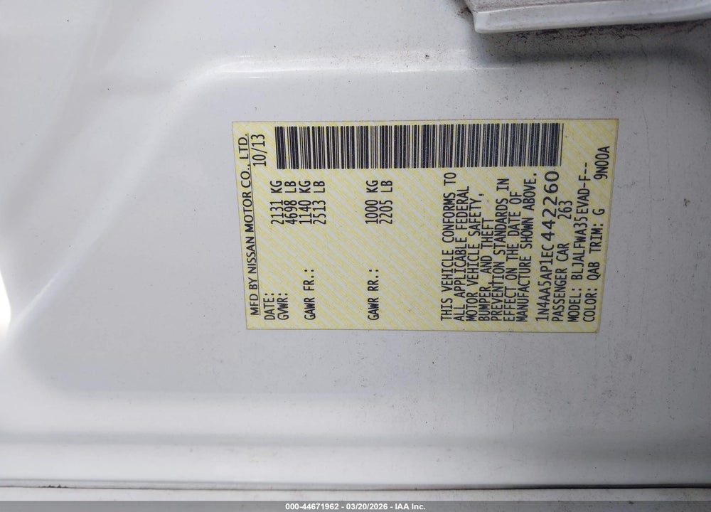 2014 NISSAN MAXIMA 3.5 SV VIN: 1N4AA5AP1EC442260