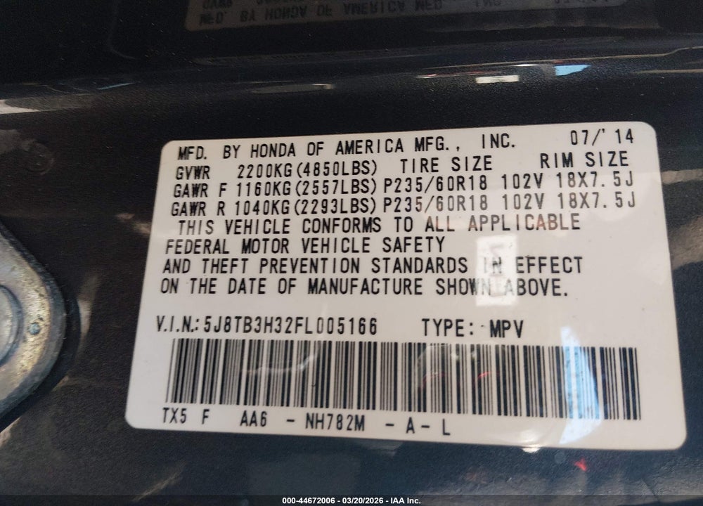 2015 ACURA RDX VIN: 5J8TB3H32FL005166