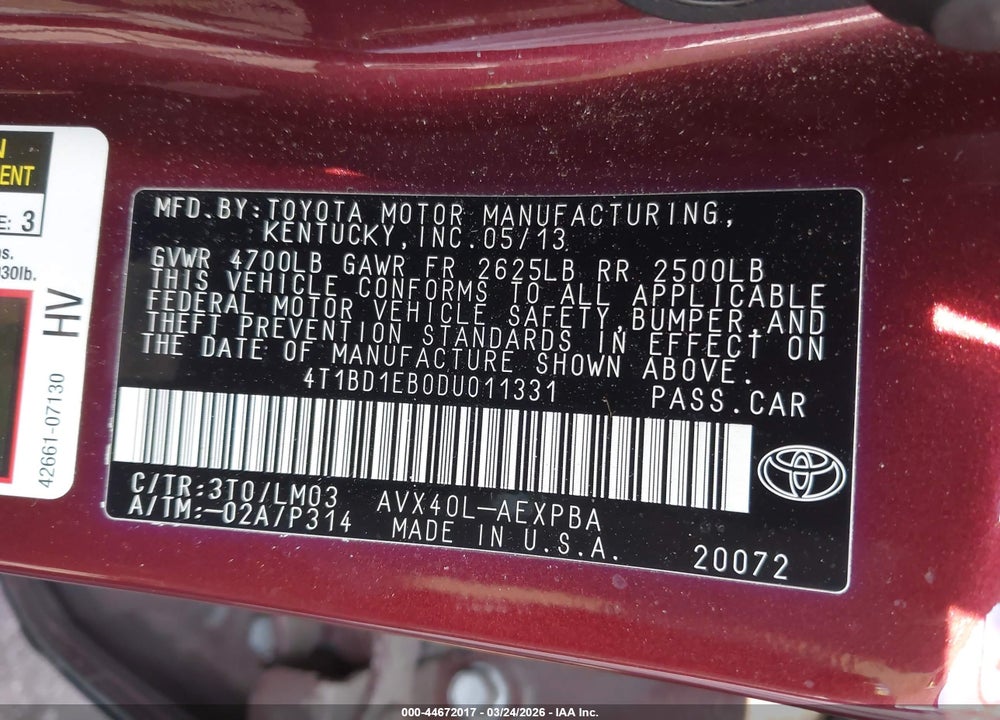 2013 TOYOTA AVALON HYBRID LIMITED VIN: 4T1BD1EB0DU011331