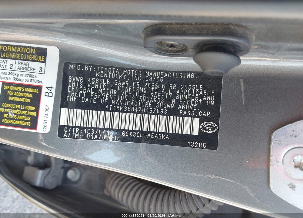 2007 TOYOTA AVALON XLS VIN: 4T1BK36B47U167893