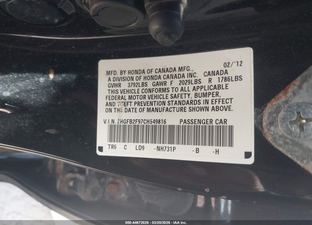 2012 HONDA CIVIC SDN EX-L VIN: 2HGFB2F97CH549816