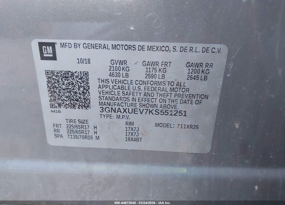 2019 CHEVROLET EQUINOX LT VIN: 3GNAXUEV7KS551251