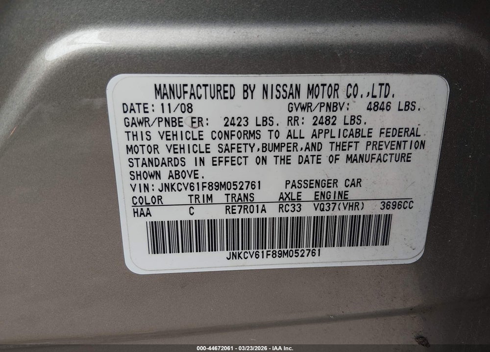 2009 INFINITI G37X VIN: JNKCV61F89M052761