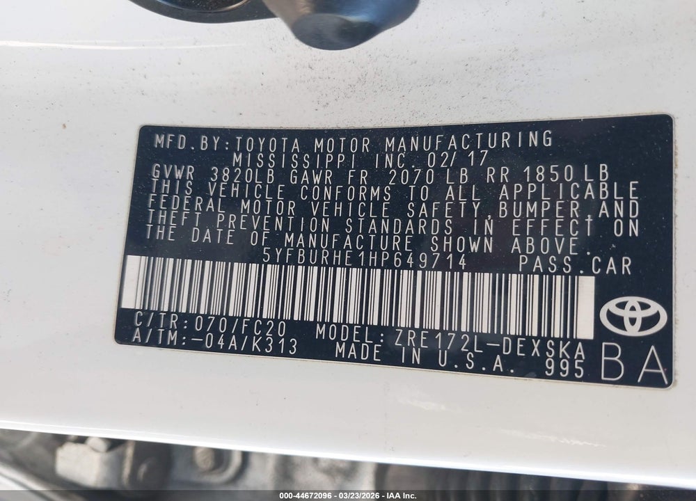 2017 TOYOTA COROLLA SE SPECIAL EDITION VIN: 5YFBURHE1HP649714