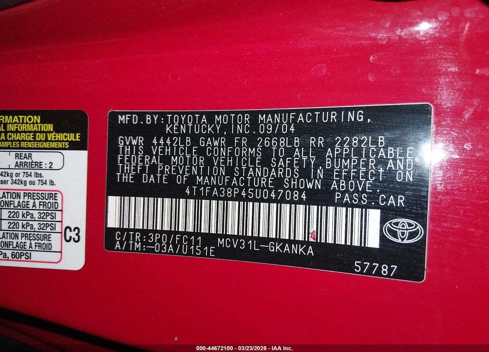 2005 TOYOTA CAMRY SOLARA SE VIN: 4T1FA38P45U047084