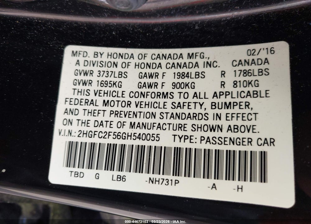 2016 HONDA CIVIC LX VIN: 2HGFC2F56GH540055