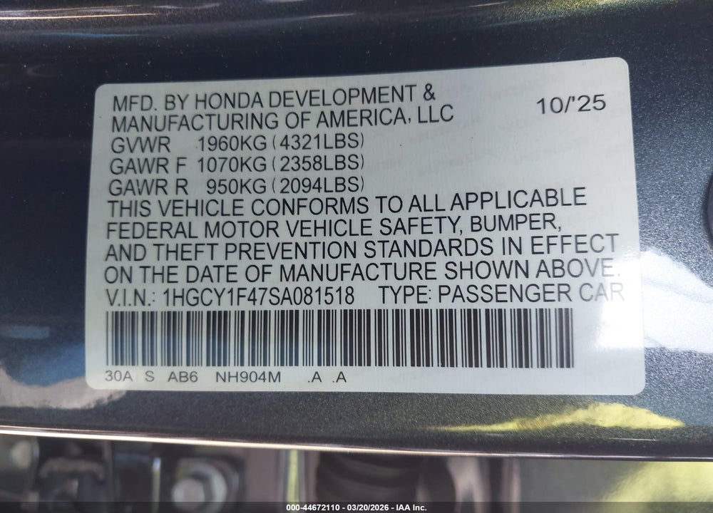 2025 HONDA ACCORD SE VIN: 1HGCY1F47SA081518