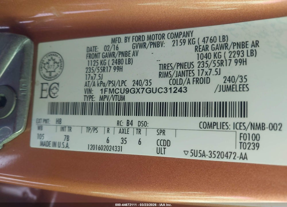 2016 FORD ESCAPE SE VIN: 1FMCU9GX7GUC31243