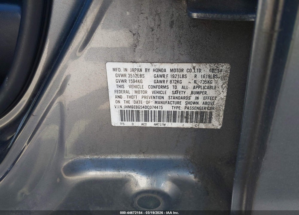 2013 HONDA FIT SPORT VIN: JHMGE8G54DC074475