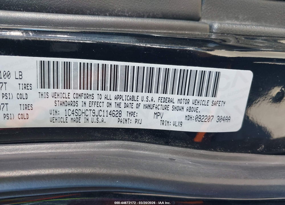 2018 DODGE DURANGO R/T RWD VIN: 1C4SDHCT9JC114628