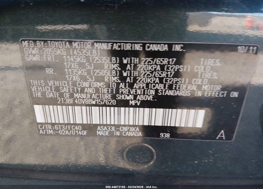 2011 TOYOTA RAV4 VIN: 2T3BF4DV8BW157620