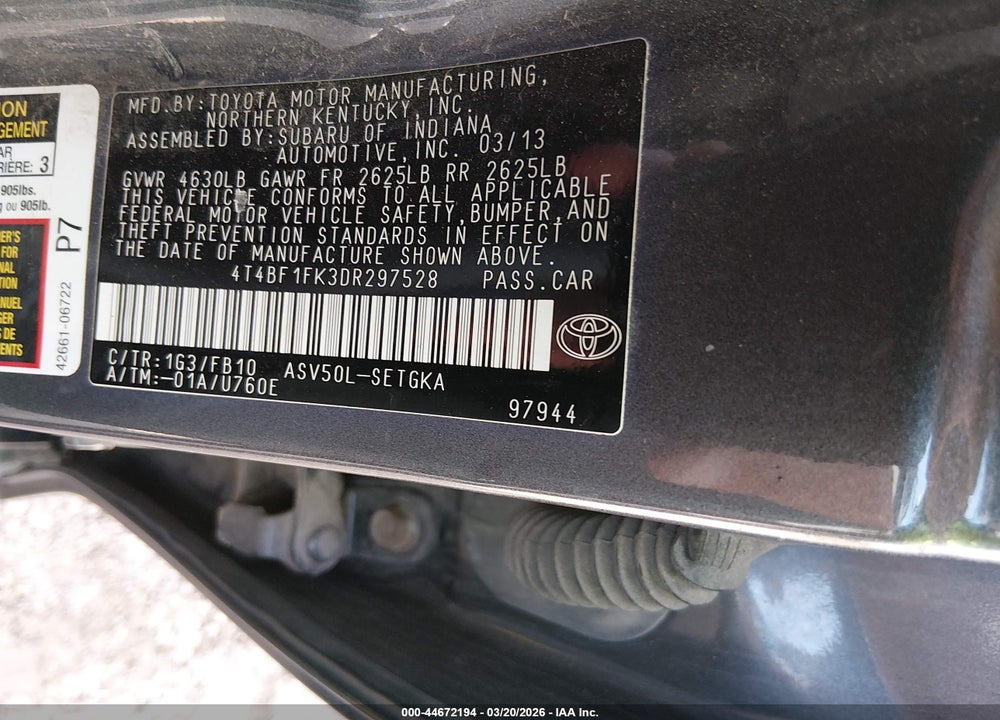 2013 TOYOTA CAMRY XLE VIN: 4T4BF1FK3DR297528