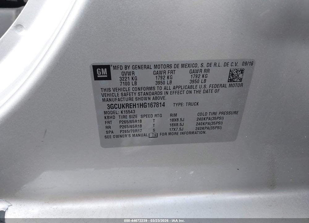 2017 CHEVROLET SILVERADO 1500 2LT VIN: 3GCUKREH1HG167814
