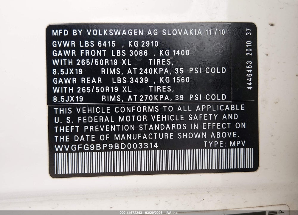 2011 VOLKSWAGEN TOUAREG HYBRID VIN: WVGFG9BP9BD003314