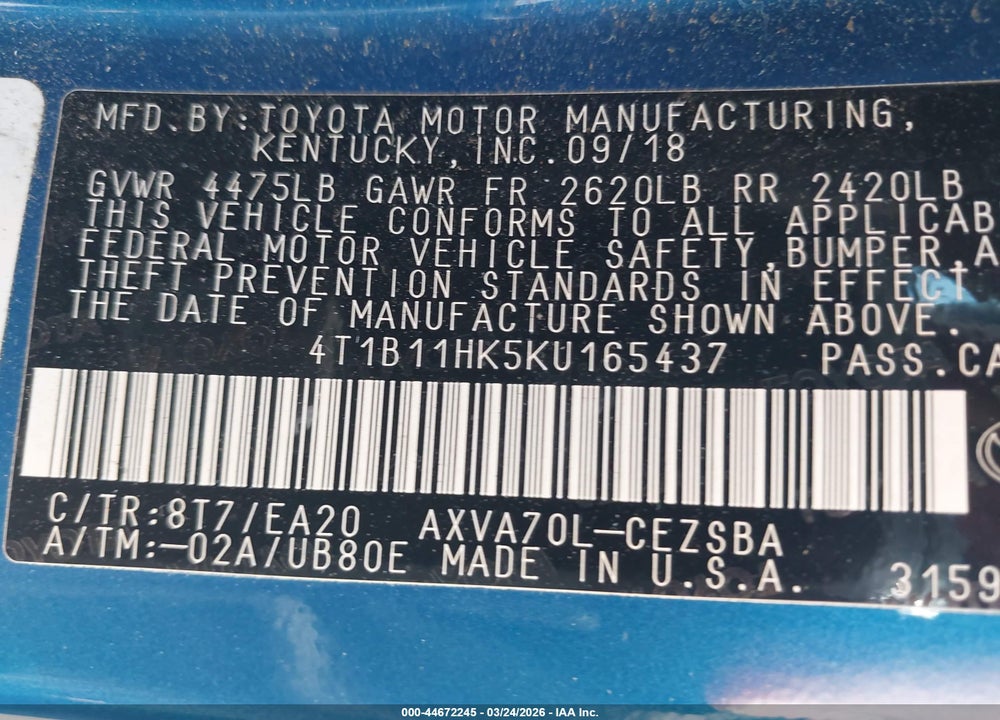 2019 TOYOTA CAMRY SE VIN: 4T1B11HK5KU165437