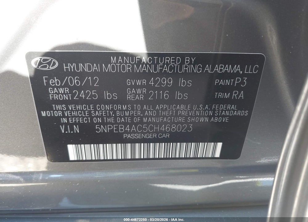 2012 HYUNDAI SONATA GLS VIN: 5NPEB4AC5CH468023