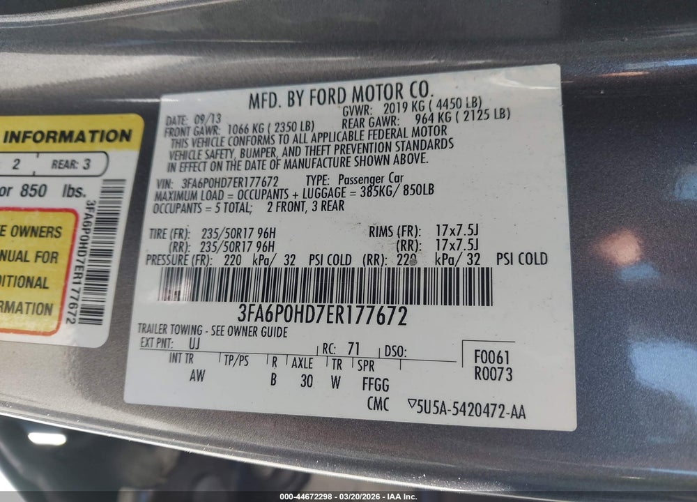 2014 FORD FUSION SE VIN: 3FA6P0HD7ER177672
