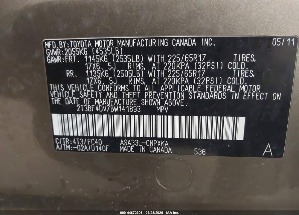 2011 TOYOTA RAV4 VIN: 2T3BF4DV7BW141893