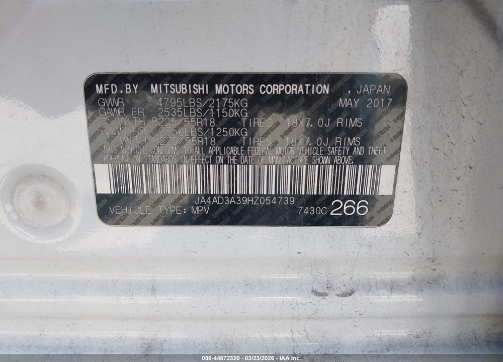 2017 MITSUBISHI OUTLANDER SE VIN: JA4AD3A39HZ054739
