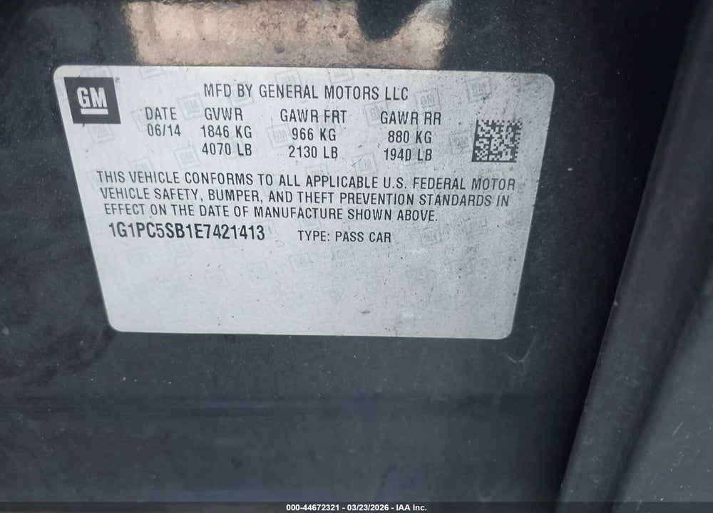 2014 CHEVROLET CRUZE 1LT AUTO VIN: 1G1PC5SB1E7421413