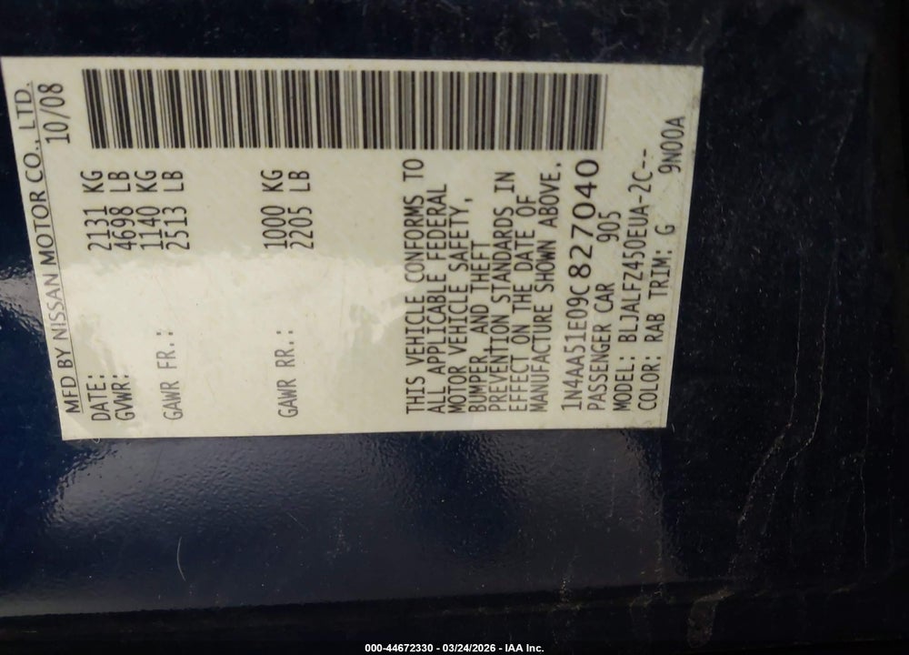 2009 NISSAN MAXIMA 3.5 SV VIN: 1N4AA51E09C827040