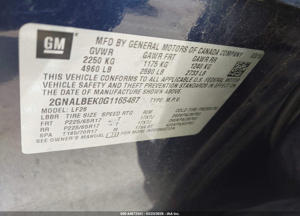 2016 CHEVROLET EQUINOX LS VIN: 2GNALBEK0G1165487