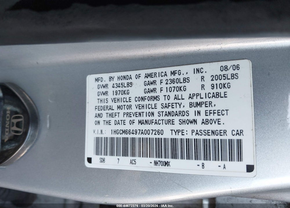 2007 HONDA ACCORD 3.0 SE VIN: 1HGCM66497A007260
