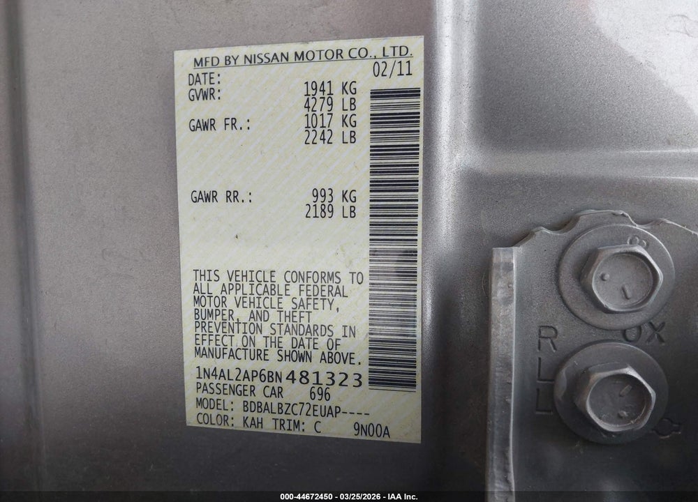 2011 NISSAN ALTIMA 2.5 S VIN: 1N4AL2AP6BN481323