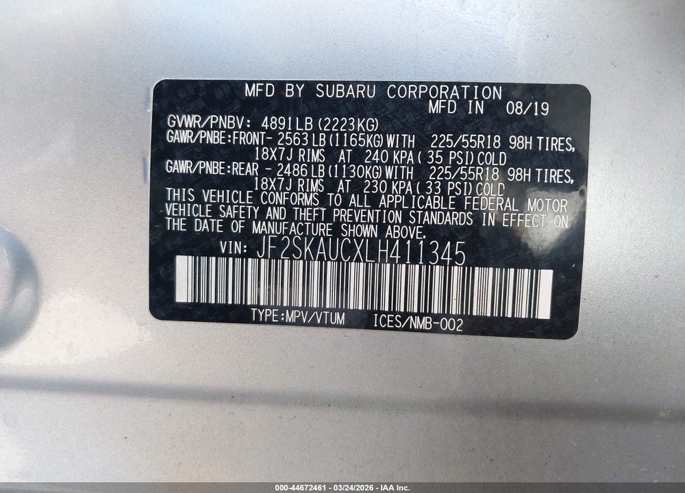 2020 SUBARU FORESTER LIMITED VIN: JF2SKAUCXLH411345