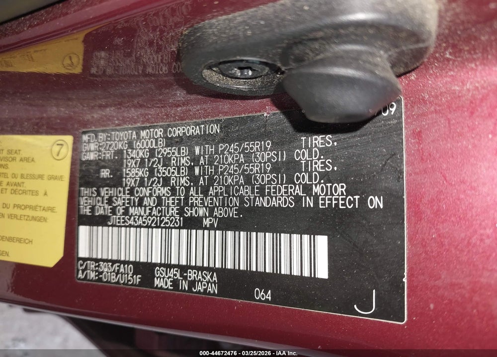 2009 TOYOTA HIGHLANDER SPORT VIN: JTEES43A592125231