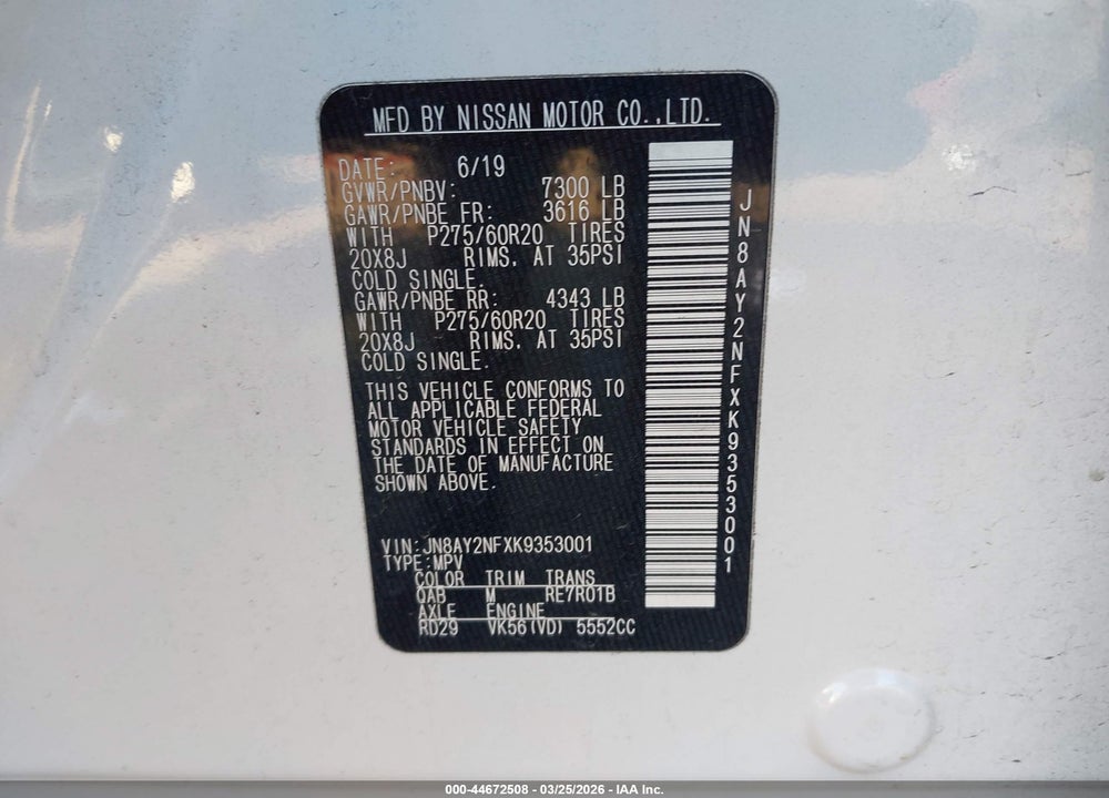 2019 NISSAN ARMADA PLATINUM VIN: JN8AY2NFXK9353001