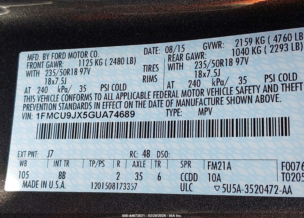 2016 FORD ESCAPE TITANIUM VIN: 1FMCU9JX5GUA74689