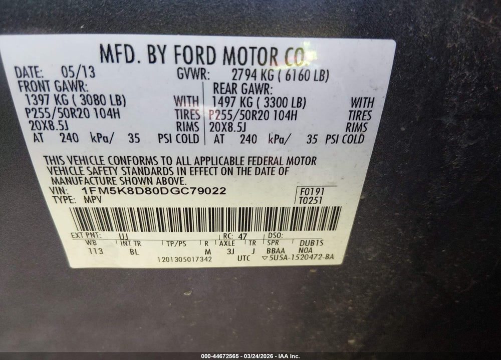 2013 FORD EXPLORER XLT VIN: 1FM5K8D80DGC79022