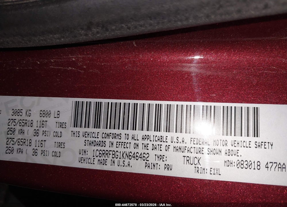 2019 RAM 1500 VIN: 1C6RRFBG1KN646462