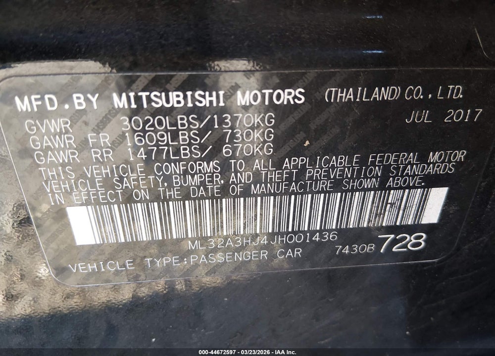 2018 MITSUBISHI MIRAGE ES VIN: ML32A3HJ4JH001436