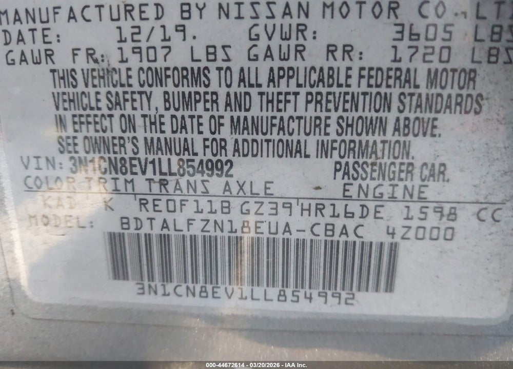 2020 NISSAN VERSA SV XTRONIC CVT VIN: 3N1CN8EV1LL854992