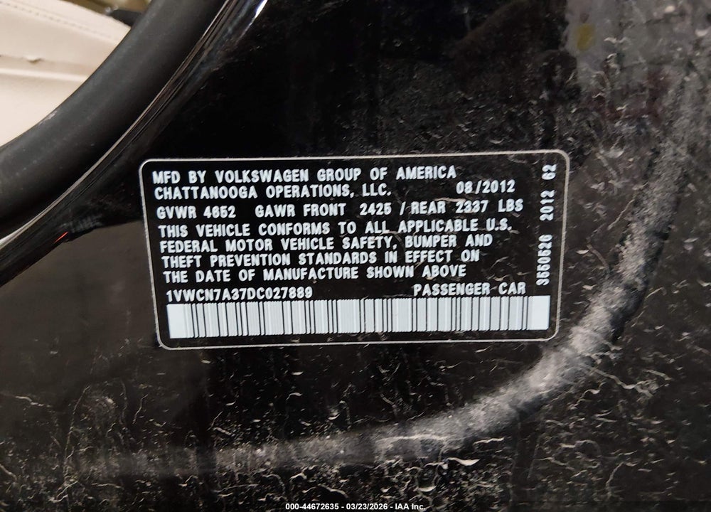 2013 VOLKSWAGEN PASSAT 2.0L TDI SEL PREMIUM VIN: 1VWCN7A37DC027889