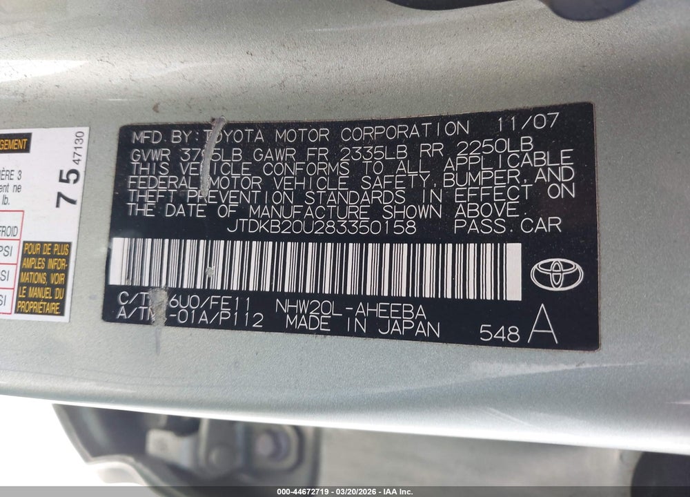 2008 TOYOTA PRIUS VIN: JTDKB20U283350158