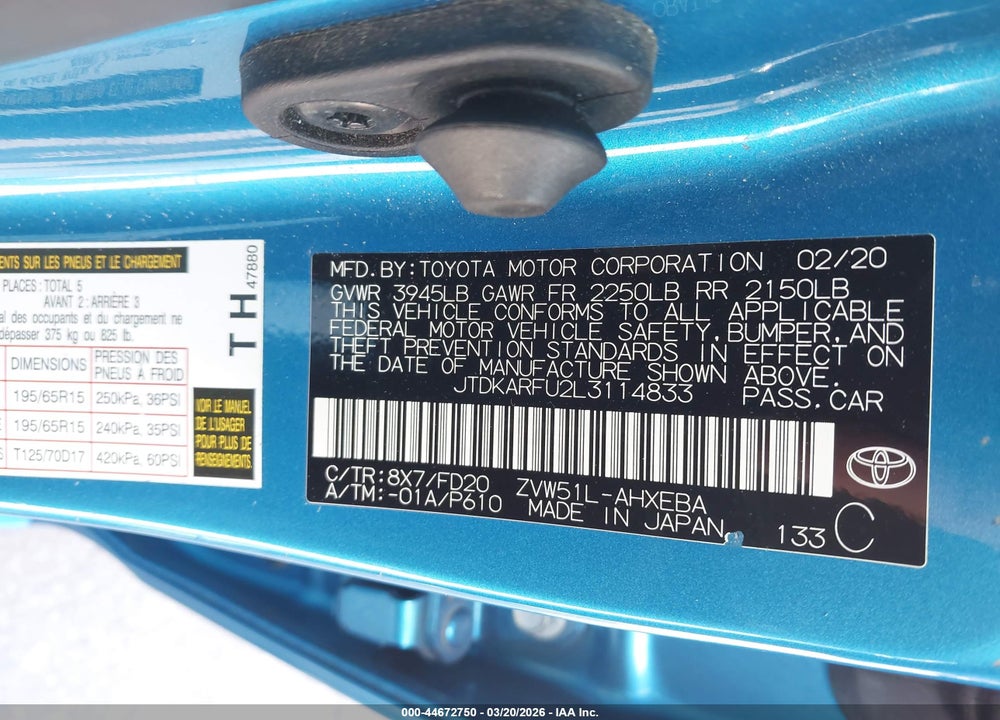 2020 TOYOTA PRIUS LE VIN: JTDKARFU2L3114833