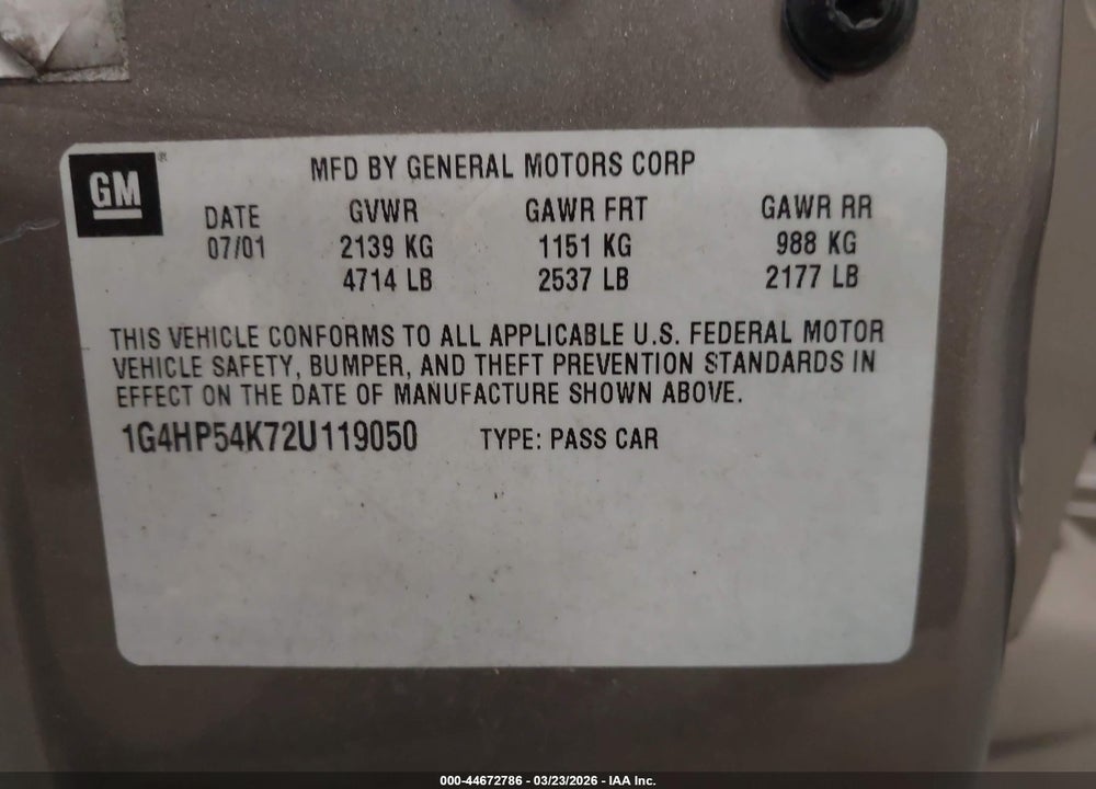 2002 BUICK LESABRE CUSTOM VIN: 1G4HP54K72U119050