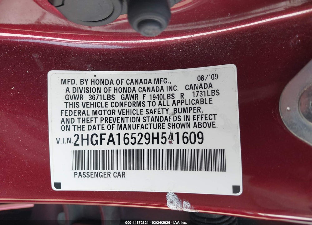 2009 HONDA CIVIC LX VIN: 2HGFA16529H541609